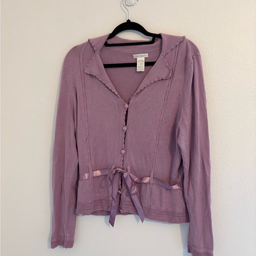 Vintage Worthington Lilac Cardigan XL Scallop and Ribbon Grandmacore Sweater